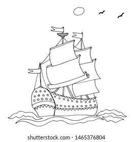 Black line ship or boat for coloring book. Vector transport. Coloring pages with ship or boat.