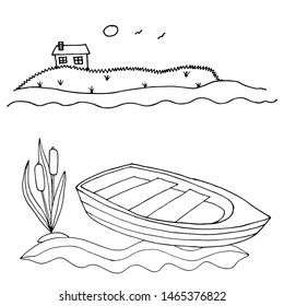 Black line ship or boat for coloring book. Vector transport. Coloring pages with ship or boat.