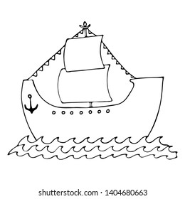 Black line ship for coloring book. Isolated ship for coloring page. 