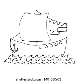 Black line ship for coloring book. Isolated ship for coloring page. 