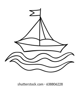 Black line ship for coloring book and other child design. Simple boat with wave isolated on the white background.