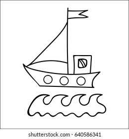 Black line ship with flag for coloring book and other child design. Simple boat with wave isolated on the white background.