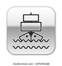 Black line Ship icon isolated on white background. Silver square button. Vector Illustration