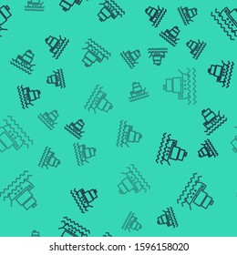 Black line Ship icon isolated seamless pattern on green background.  Vector Illustration
