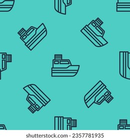 Black line Ship line path of ship sea route with start point GPS and black line icon isolated seamless pattern on green background.  Vector