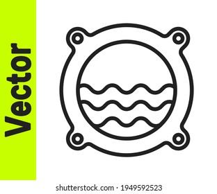 Black line Ship porthole with rivets and seascape outside icon isolated on white background.  Vector