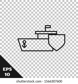 Black line Ship with shield icon isolated on transparent background. Insurance concept. Security, safety, protection, protect concept.  Vector Illustration