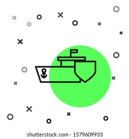 Black line Ship with shield icon isolated on white background. Insurance concept. Security, safety, protection, protect concept.  Vector Illustration