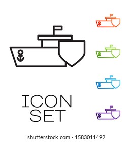 Black line Ship with shield icon isolated on white background. Insurance concept. Security, safety, protection, protect concept. Set icons colorful. Vector Illustration