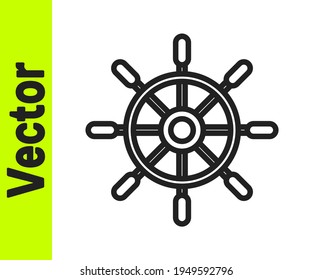 Black line Ship steering wheel icon isolated on white background.  Vector