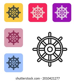 Black line Ship steering wheel icon isolated on white background. Set icons in color square buttons. Vector Illustration