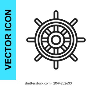 Black line Ship steering wheel icon isolated on white background.  Vector