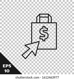 Black line Shoping bag and dollar icon isolated on transparent background. Handbag sign. Woman bag icon. Female handbag sign.  Vector Illustration