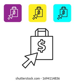 Black line Shoping bag and dollar icon isolated on white background. Handbag sign. Woman bag icon. Female handbag sign. Set icons colorful square buttons. Vector Illustration
