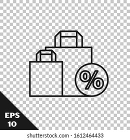 Black line Shoping bag with an inscription percent discount icon isolated on transparent background. Handbag sign.  Vector Illustration