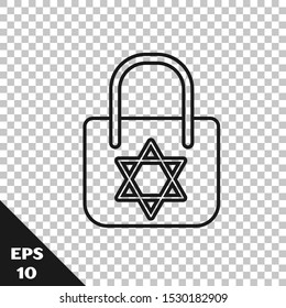 Black line Shopping bag with star of david icon isolated on transparent background. Package sign.  Vector Illustration