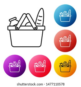 Black line Shopping basket and food icon isolated on white background. Food store, supermarket. Set icons colorful circle buttons. Vector Illustration