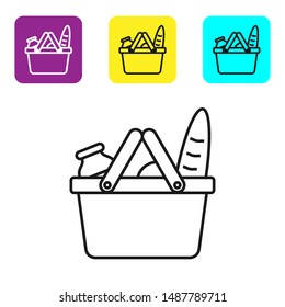 Black line Shopping basket and food icon isolated on white background. Food store, supermarket. Set icons colorful square buttons. Vector Illustration