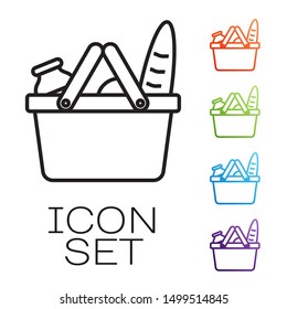 Black line Shopping basket and food icon isolated on white background. Food store, supermarket. Set icons colorful. Vector Illustration