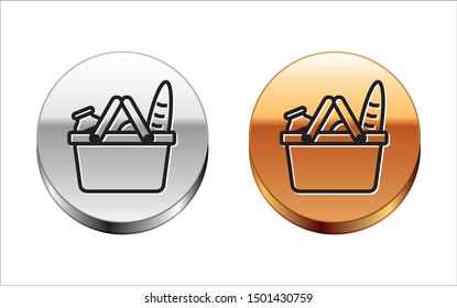 Black line Shopping basket and food icon isolated on white background. Food store, supermarket. Silver-gold circle button. Vector Illustration