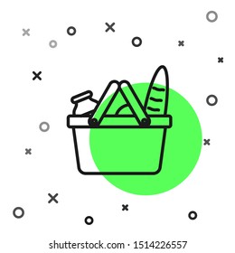 Black line Shopping basket and food icon isolated on white background. Food store, supermarket.  Vector Illustration