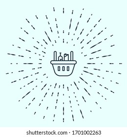 Black line Shopping basket and food icon isolated on grey background. Food store, supermarket. Abstract circle random dots. Vector Illustration