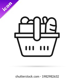Black line Shopping basket and food icon isolated on white background. Food store, supermarket.  Vector