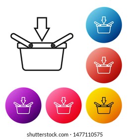 Black line Shopping basket icon isolated on white background. Online buying concept. Delivery service sign. Shopping cart symbol. Set icons colorful circle buttons. Vector Illustration