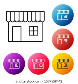 Black line Shopping building or market store icon isolated on white background. Shop construction. Set icons colorful circle buttons. Vector Illustration