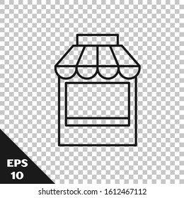 Black line Shopping building or market store icon isolated on transparent background. Shop construction.  Vector Illustration