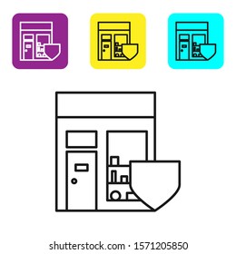 Black line Shopping building with shield icon isolated on white background. Insurance concept. Security, safety, protection, protect concept. Set icons colorful square buttons. Vector Illustration
