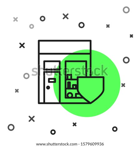 Black line Shopping building with shield icon isolated on white background. Insurance concept. Security, safety, protection, protect concept.  Vector Illustration