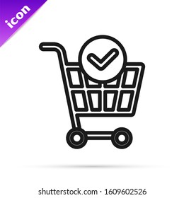 Black line Shopping cart with check mark icon isolated on white background. Supermarket basket with approved, confirm, done, tick, completed.  Vector Illustration