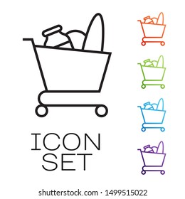 Black line Shopping cart and food icon isolated on white background. Food store, supermarket. Set icons colorful. Vector Illustration