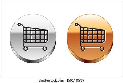 Black line Shopping cart icon isolated on white background. Online buying concept. Delivery service sign. Supermarket basket symbol. Silver-gold circle button. Vector Illustration