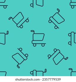 Black line Shopping cart icon isolated seamless pattern on green background. Online buying concept. Delivery service sign. Supermarket basket symbol.  Vector