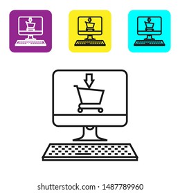 Black line Shopping cart on screen computer icon isolated on white background. Concept e-commerce, e-business, online business marketing. Set icons colorful square buttons. Vector Illustration
