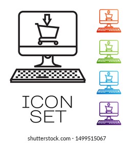 Black line Shopping cart on screen computer icon isolated on white background. Concept e-commerce, e-business, online business marketing. Set icons colorful. Vector Illustration