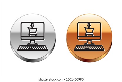 Black line Shopping cart on screen computer icon isolated on white background. Concept e-commerce, e-business, online business marketing. Silver-gold circle button. Vector Illustration