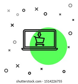 Black line Shopping cart on screen laptop icon isolated on white background. Concept e-commerce, e-business, online business marketing.  Vector Illustration