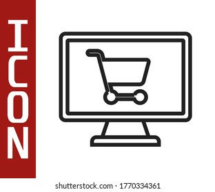 Black line Shopping cart on screen computer icon isolated on white background. Concept e-commerce, e-business, online business marketing.  Vector Illustration