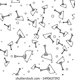 Black line Shovel in the ground icon isolated seamless pattern on white background. Gardening tool. Tool for horticulture, agriculture, farming.  Vector Illustration