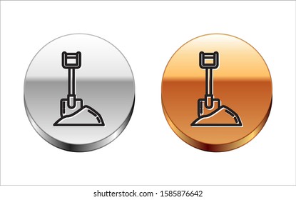 Black line Shovel in the ground icon isolated on white background. Gardening tool. Tool for horticulture, agriculture, farming. Silver-gold circle button. Vector Illustration