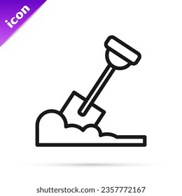 Black line Shovel in the ground icon isolated on white background. Gardening tool. Tool for horticulture, agriculture, farming.  Vector