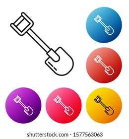 Black line Shovel icon isolated on white background. Gardening tool. Tool for horticulture, agriculture, farming. Set icons colorful circle buttons. Vector Illustration