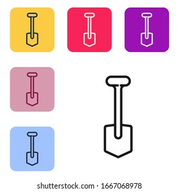 Black line Shovel icon isolated on white background. Gardening tool. Tool for horticulture, agriculture, farming. Set icons in color square buttons. Vector Illustration