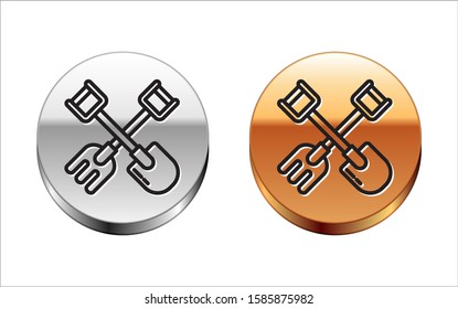 Black line Shovel and rake icon isolated on white background. Tool for horticulture, agriculture, gardening, farming. Ground cultivator. Silver-gold circle button. Vector Illustration
