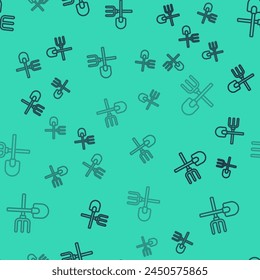 Black line Shovel and rake icon isolated seamless pattern on green background. Tool for horticulture, agriculture, gardening, farming. Ground cultivator.  Vector