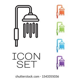 Black line Shower head with water drops flowing icon isolated on white background. Set icons colorful. Vector Illustration