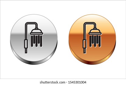 Black line Shower head with water drops flowing icon isolated on white background. Silver-gold circle button. Vector Illustration